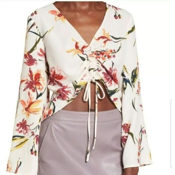 Leith floral print flare long sleeve cinched middle vneck blouse woman's size XS - Picture 1 of 9